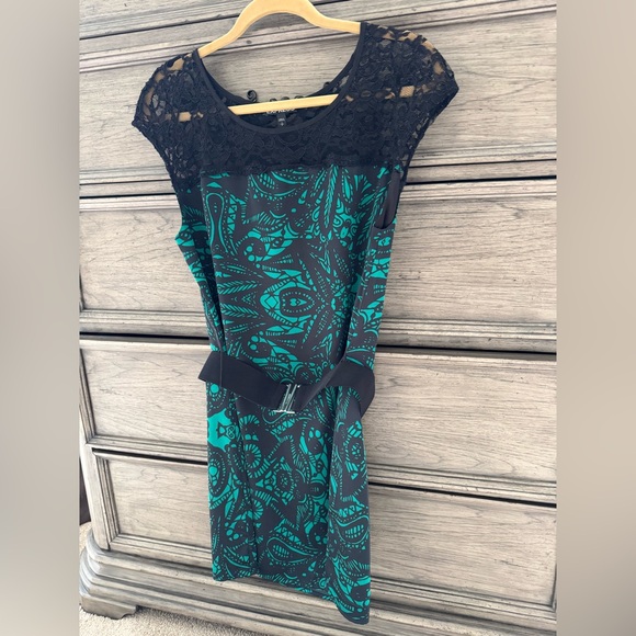 Express Floral Silk Dress EUC Black Green Paisley Lace Belted Sheath Y2k Satin - Picture 9 of 15